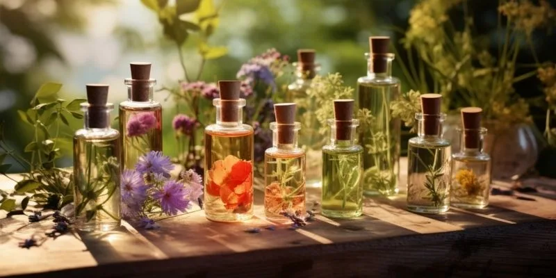 bannière aromathérapie, flacon, fleurs